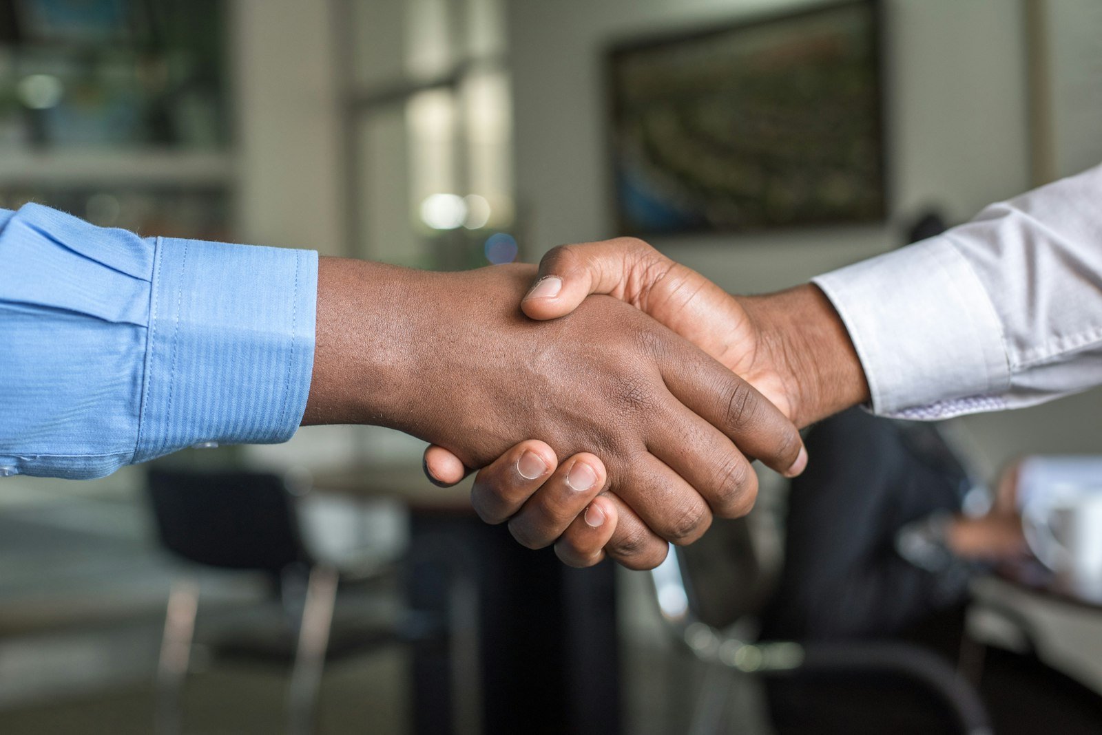 Two professionals shaking hands across a meeting table